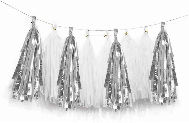 AIM & GGKK White and Silver Tassel Garland Banner Tissue Paper Tassels for Party Suppiles Decorations,Wedding Decorations,Nursery Decor,Engagement,Football Party, DIY Kits(20PCS) - Image 1