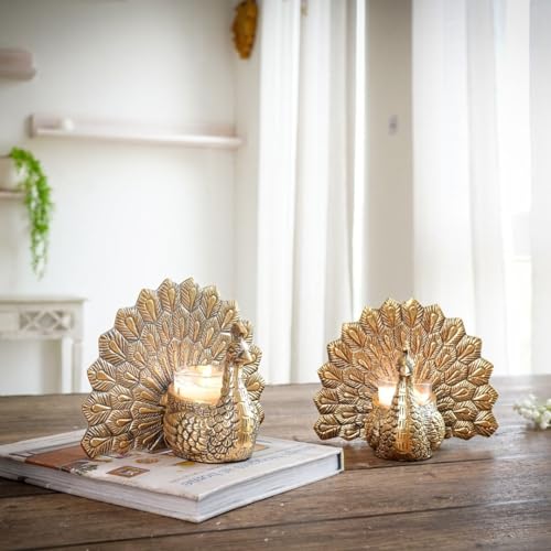 BEHOMA Aluminium Dancing Peacock Figurine Pair for Love & Good Luck | Home Décor Tabletop Showpiece with Scented Votive Candles | Valentine, Anniversary & Wedding Gift for Couples | Set of 2, Gold - Image 3