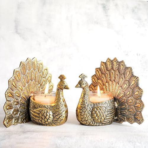 BEHOMA Aluminium Dancing Peacock Figurine Pair for Love & Good Luck | Home Décor Tabletop Showpiece with Scented Votive Candles | Valentine, Anniversary & Wedding Gift for Couples | Set of 2, Gold - Image 1