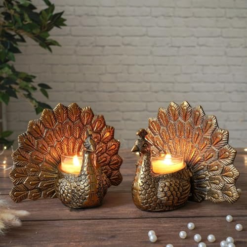 BEHOMA Aluminium Dancing Peacock Figurine Pair for Love & Good Luck | Home Décor Tabletop Showpiece with Scented Votive Candles | Valentine, Anniversary & Wedding Gift for Couples | Set of 2, Gold - Image 2