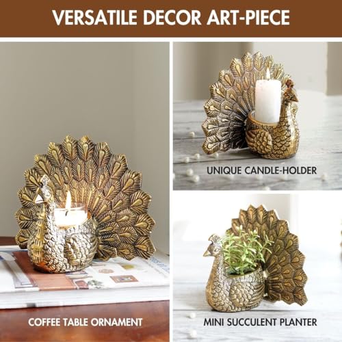BEHOMA Aluminium Dancing Peacock Figurine Pair for Love & Good Luck | Home Décor Tabletop Showpiece with Scented Votive Candles | Valentine, Anniversary & Wedding Gift for Couples | Set of 2, Gold - Image 5
