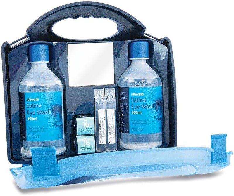 Reliance Medical First Aid Eye Wash Kit - 2 x 500ml Reliwash Eyewash Bottles with Mirror - 2 x 20ml Saline Sterile Solution Pods Drops for Eyes And Eye Pads - Image 2