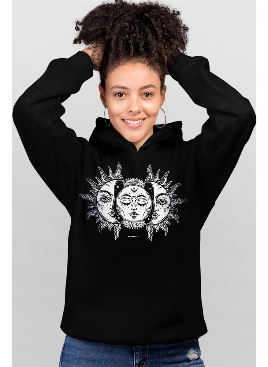 Rock&Roll Moon Sun Black Hooded Women's Sweatshirt