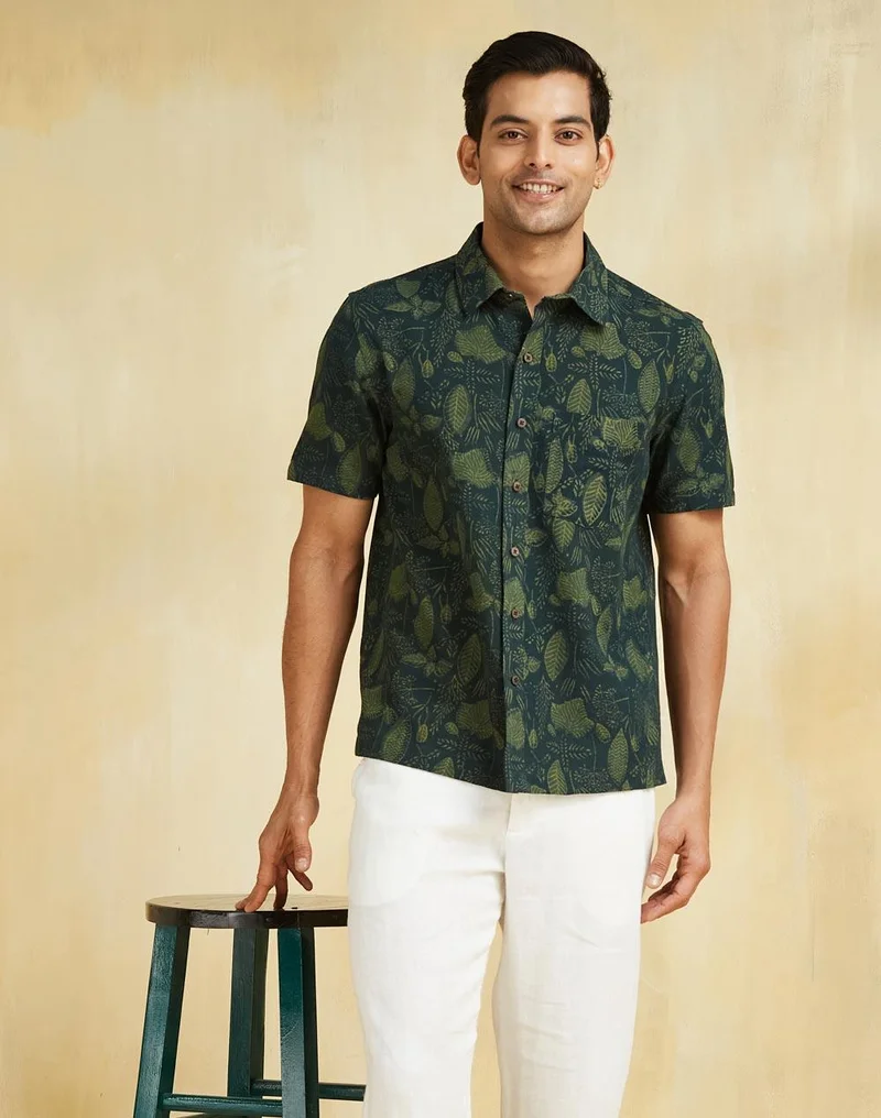 Fabindia Green Cotton Dabu Printed Shirt