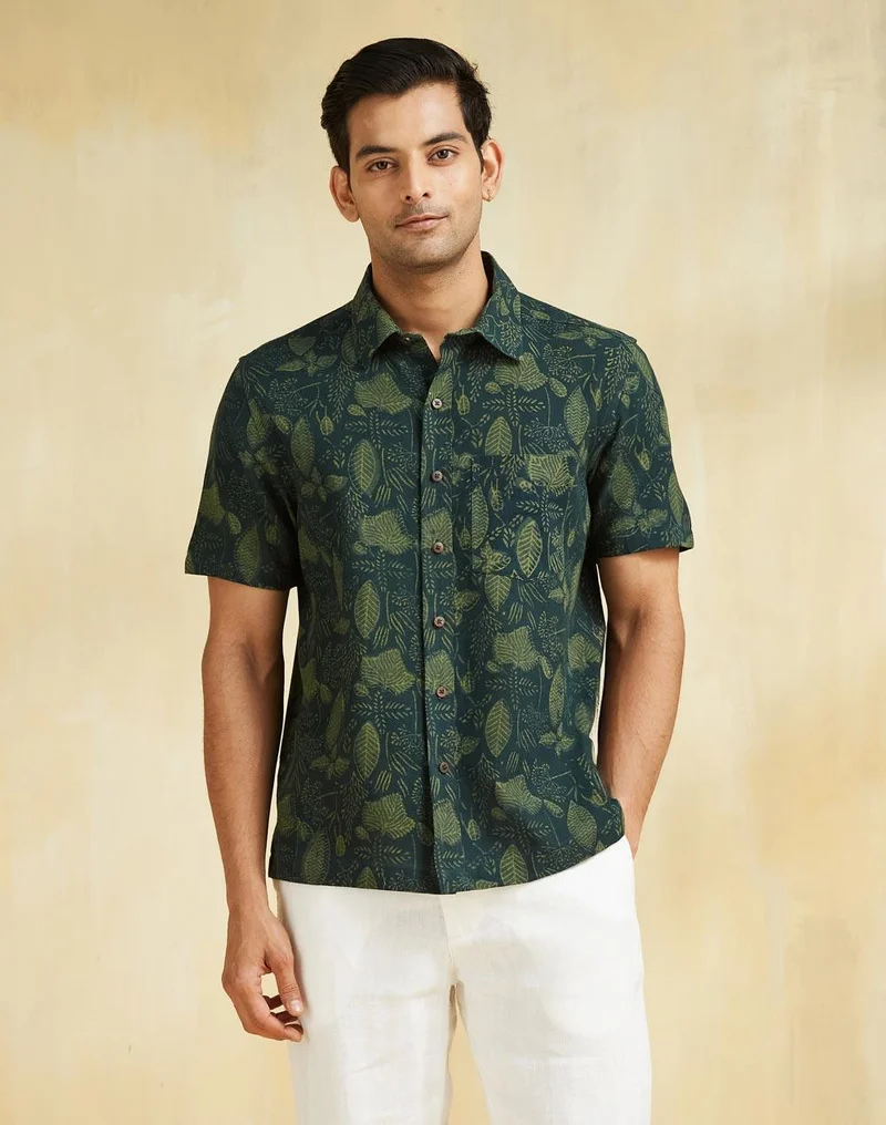 Fabindia Green Cotton Dabu Printed Shirt
