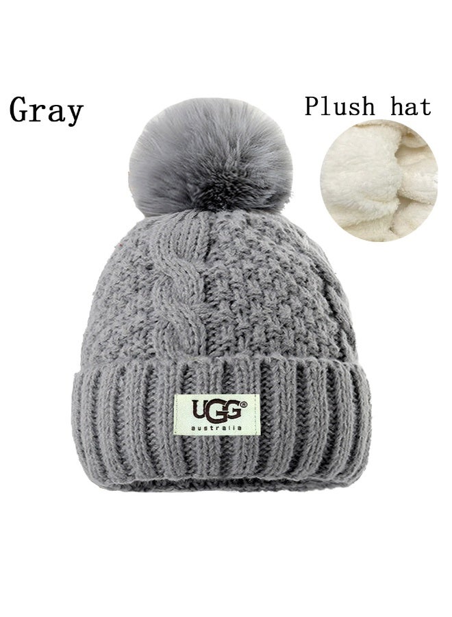 UGG Cozy Gray Cable-Knit Pom-Pom Beanie - Plush Lined Winter Warm Hat 577Size
