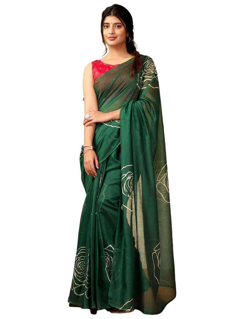 Satrani Women's Chanderi Cotton Printed Ready To Wear One Minute Pre Pleated Readymade Saree with Unstitched Blouse Piece (32RS306N_Dark Green) - Image 1