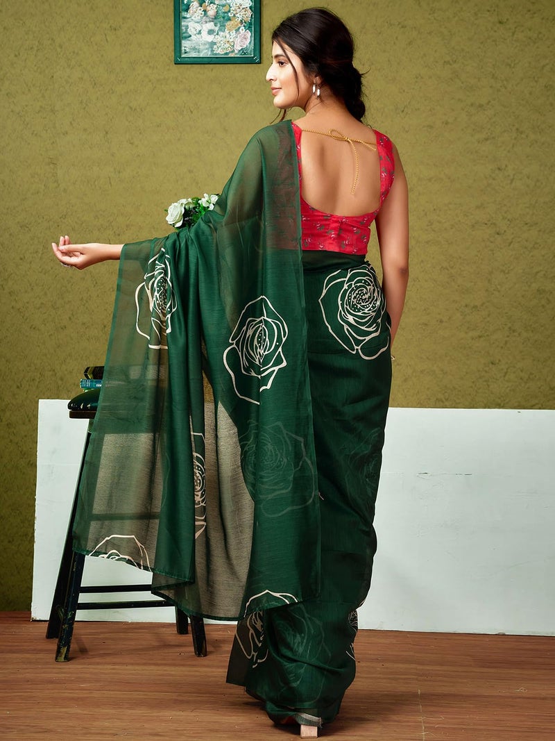 Satrani Women's Chanderi Cotton Printed Ready To Wear One Minute Pre Pleated Readymade Saree with Unstitched Blouse Piece (32RS306N_Dark Green) - Image 2