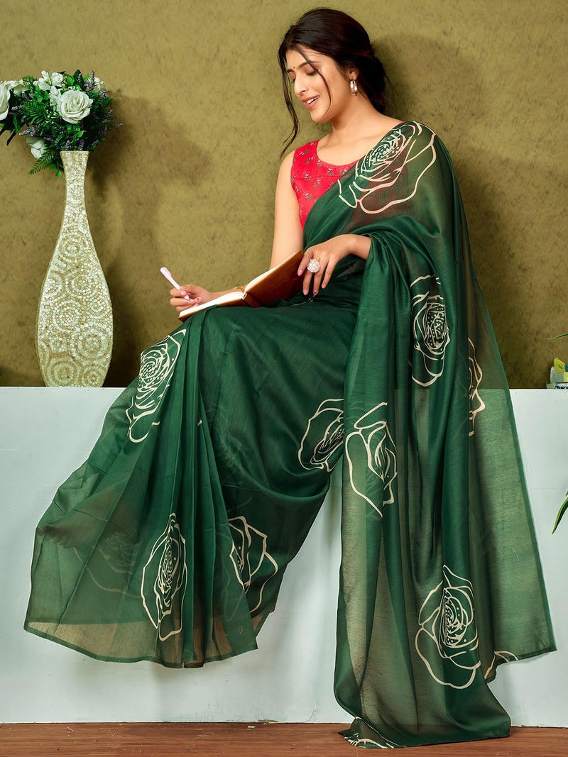 Satrani Women's Chanderi Cotton Printed Ready To Wear One Minute Pre Pleated Readymade Saree with Unstitched Blouse Piece (32RS306N_Dark Green) - Image 3