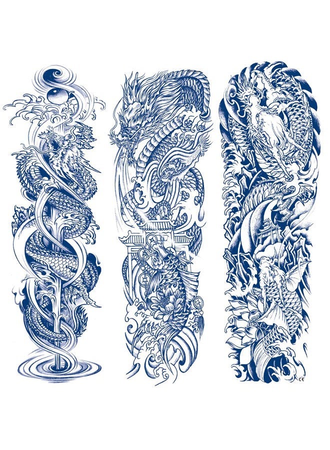 Semi Permanent Tattoos Sleeve, 3-Sheet Dragon Full Arm Sleeve Temporary Tattoo Stickers,100% Plant-Based Ink Fake Sleeve Tattoos