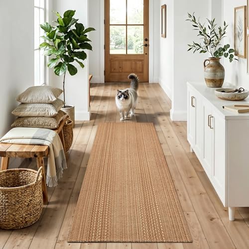 MatEssenz 2x6 Washable Runner Rug, Textured Natural Woven Low-Profile Hallway Runner with Non-Slip Backing, Neutral Brown, for Kitchen, Laundry Room, Entryway - Image 1