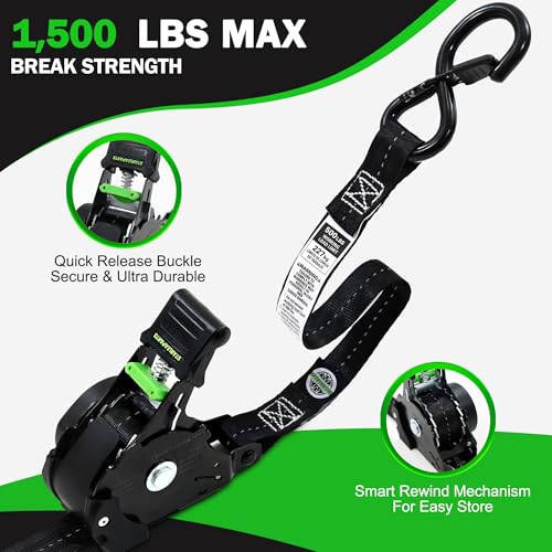 STARLEAPARTS Retractable Ratchet Straps(4PK) - 1,500lb Break Strength, Ratchet Straps Heavy Duty with Rubber Coated Handle, Perfect Auto Ratchet Straps for Motorcycle, Kayak and Trucks (Black) - Image 2