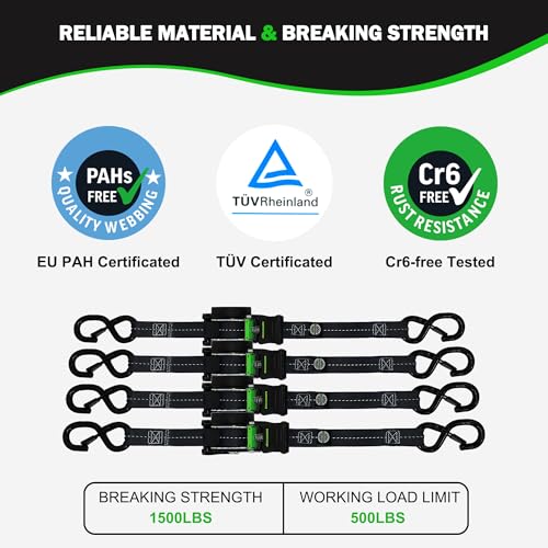 STARLEAPARTS Retractable Ratchet Straps(4PK) - 1,500lb Break Strength, Ratchet Straps Heavy Duty with Rubber Coated Handle, Perfect Auto Ratchet Straps for Motorcycle, Kayak and Trucks (Black) - Image 4