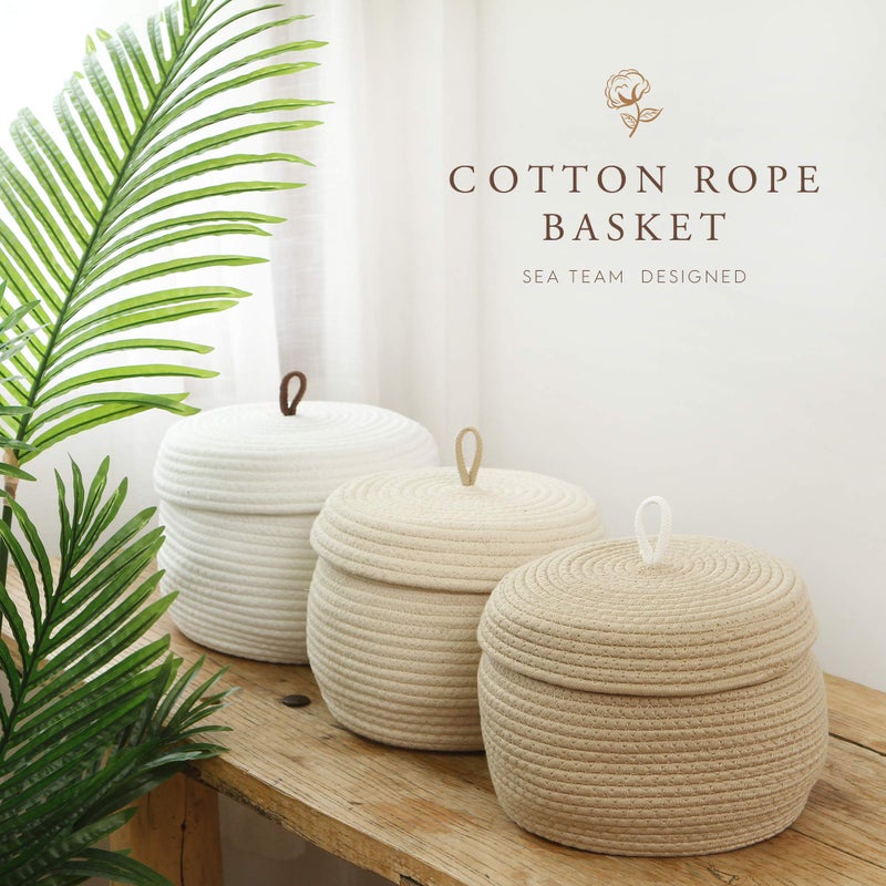 Sea Team Round Cotton Rope Storage Basket with Lid, Decorative Woven Storage Bin, Pot, Caddy, Organizer, Container for Snacks, Towels, Plants, 10 x 7.5 Inches (Small Size, Khaki) - Image 3