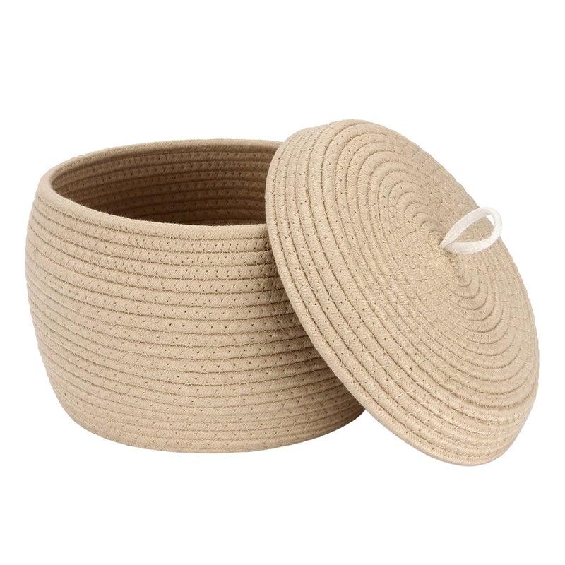 Sea Team Round Cotton Rope Storage Basket with Lid, Decorative Woven Storage Bin, Pot, Caddy, Organizer, Container for Snacks, Towels, Plants, 10 x 7.5 Inches (Small Size, Khaki) - Image 1