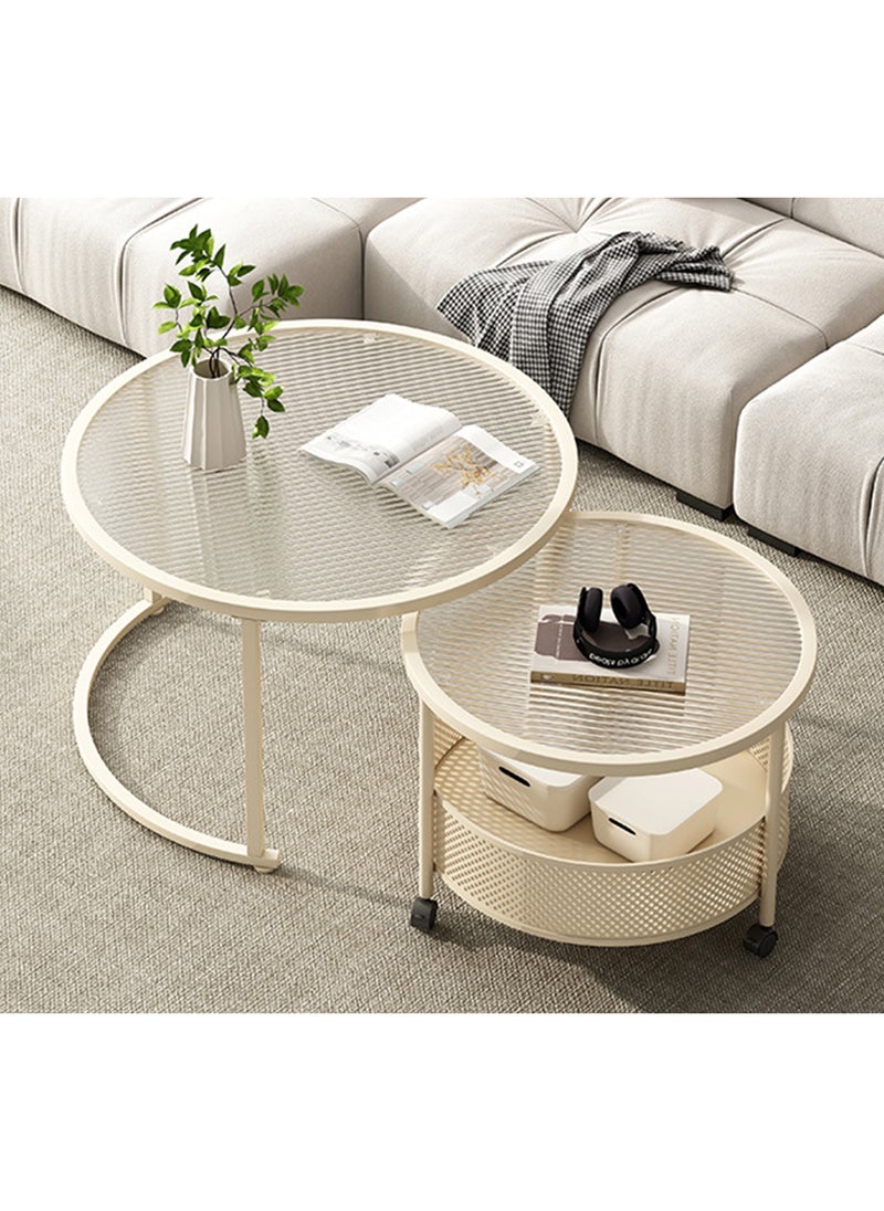 Sharpdo - Double Round Coffee Table,Cream Style Glass Side Table, Living Room Center Table,Combination with Universal Wheels for Mobility - Image 1