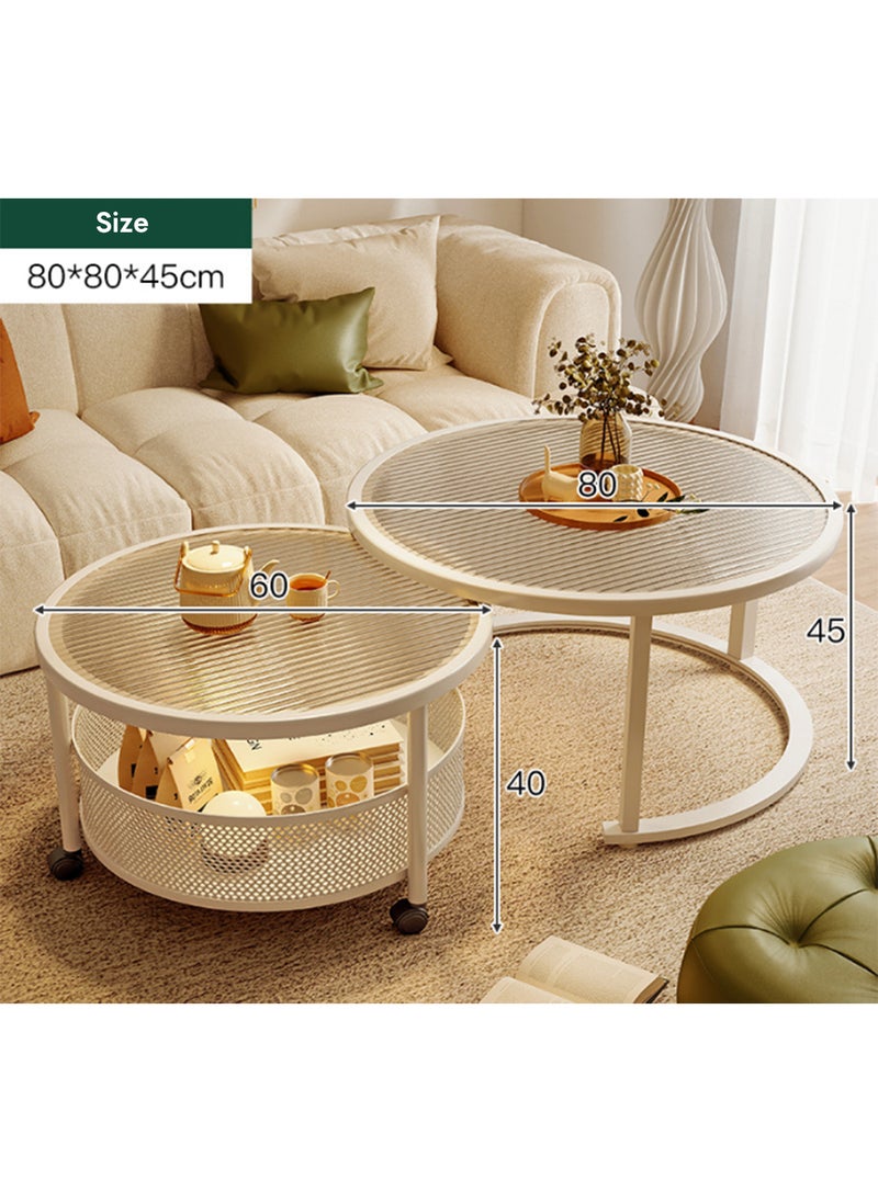 Sharpdo - Double Round Coffee Table,Cream Style Glass Side Table, Living Room Center Table,Combination with Universal Wheels for Mobility - Image 1