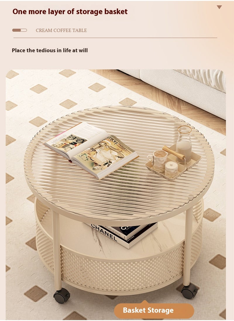 Sharpdo - Double Round Coffee Table,Cream Style Glass Side Table, Living Room Center Table,Combination with Universal Wheels for Mobility - Image 1