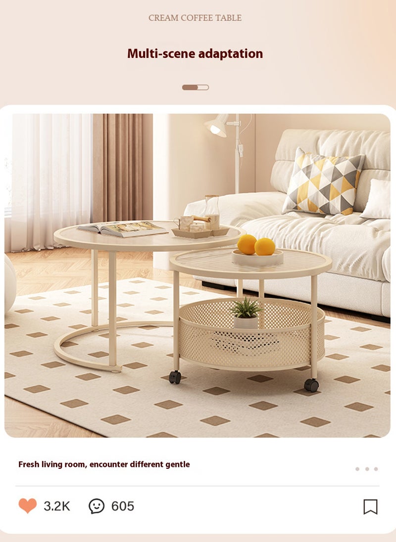 Sharpdo - Double Round Coffee Table,Cream Style Glass Side Table, Living Room Center Table,Combination with Universal Wheels for Mobility - Image 1