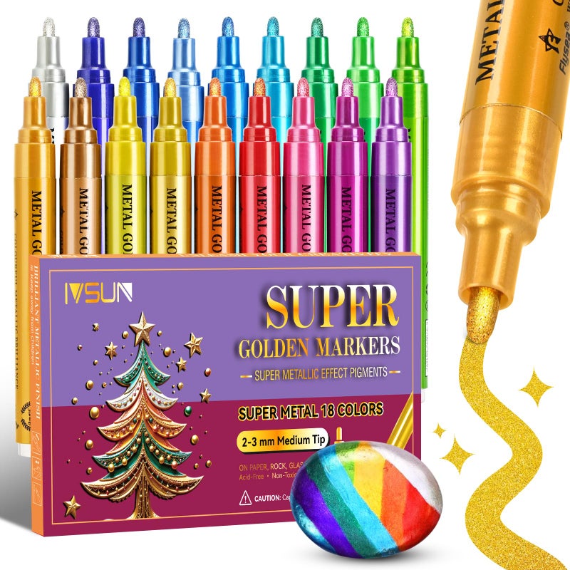 IVSUN Super Golden Metallic Markers, 18 Colors Glitter Acrylic Paint Pens for Black Paper, Rock, Glass, Wood, Scrapbooking, Photo Albums, Card Making, DIY Crafts Supplies, Easter Basket Stuffers - Image 1