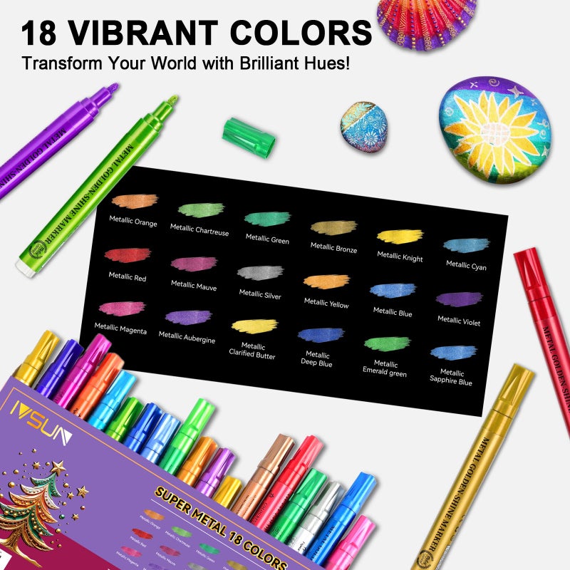 IVSUN Super Golden Metallic Markers, 18 Colors Glitter Acrylic Paint Pens for Black Paper, Rock, Glass, Wood, Scrapbooking, Photo Albums, Card Making, DIY Crafts Supplies, Easter Basket Stuffers - Image 2