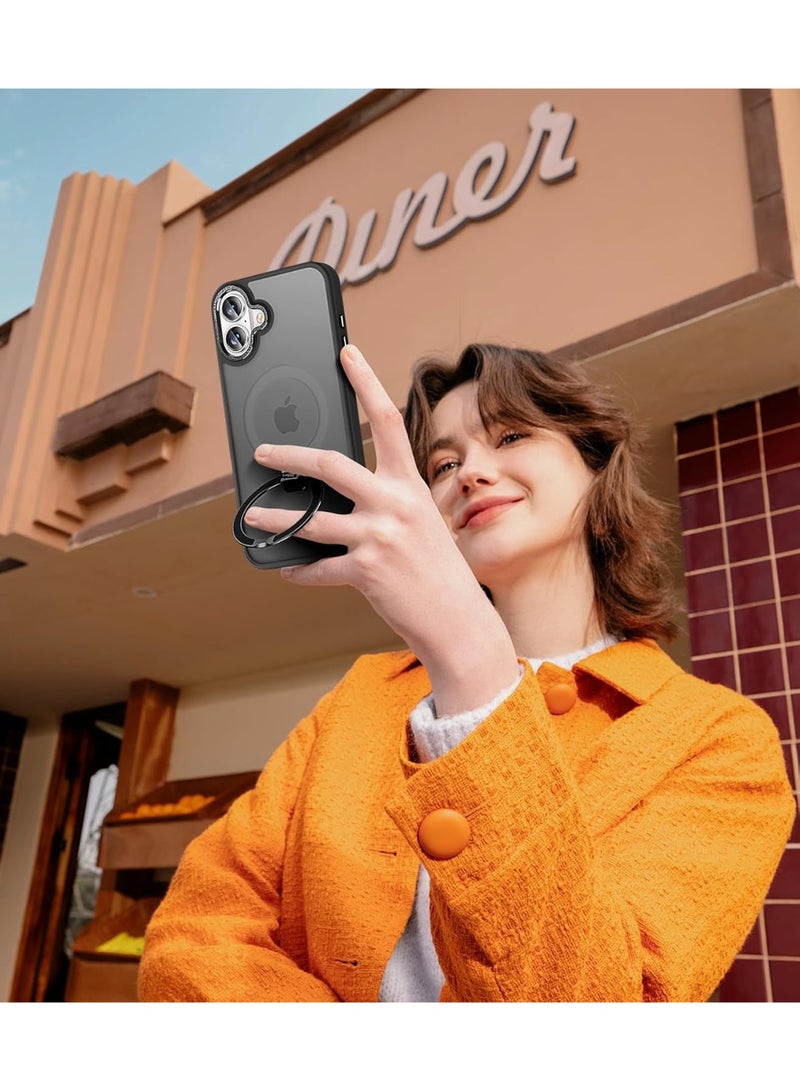 Magnetic for iPhone 16 Plus Case with Ring Stand, [10 FT Drop Protection] [Velvety Touch] Slim Translucent Matte Back Shockproof Phone Case for iPhone 16 Plus 6.7'', (Black) - Image 5