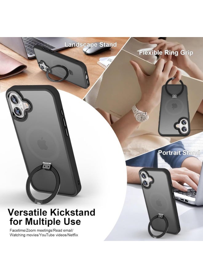 Magnetic for iPhone 16 Plus Case with Ring Stand, [10 FT Drop Protection] [Velvety Touch] Slim Translucent Matte Back Shockproof Phone Case for iPhone 16 Plus 6.7'', (Black) - Image 4