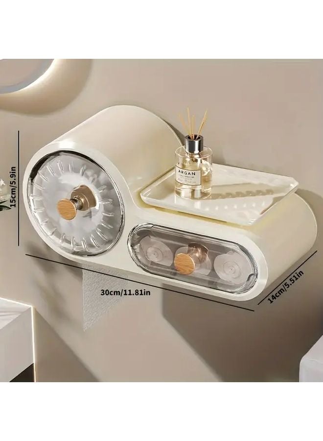 Cream No Drill Adhesive Wall Mounted Toilet Paper Holder 2 Tier Large Capacity Waterproof - Image 4