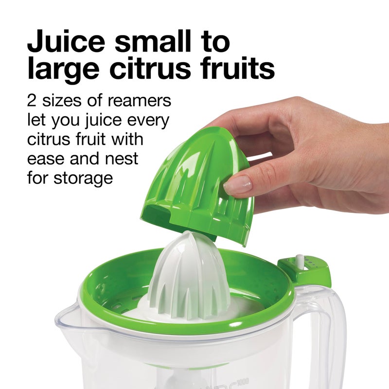 Proctor Silex Electric Citrus Juicer Machine, Large 34 oz. Pitcher, Pressure Activated, 2 Reamers for Big and Small Fruit, Pulp Control, for Orange, Lemon, Grapefruit Juice, White & Green (66340) - Image 4