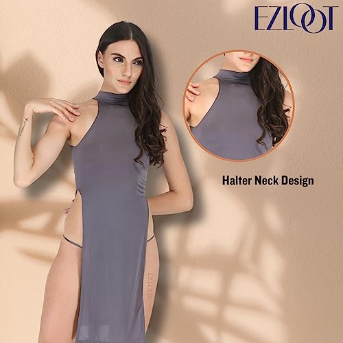 EZLOOT Women Bodycon Sexy Halter Neck with O-Ring Backless High Side Slit Maxi Nightgown Sleepwear Babydoll Lingerie Dress (Grey: Nylon), Small - Image 2