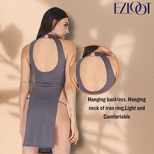EZLOOT Women Bodycon Sexy Halter Neck with O-Ring Backless High Side Slit Maxi Nightgown Sleepwear Babydoll Lingerie Dress (Grey: Nylon), Small - Image 3