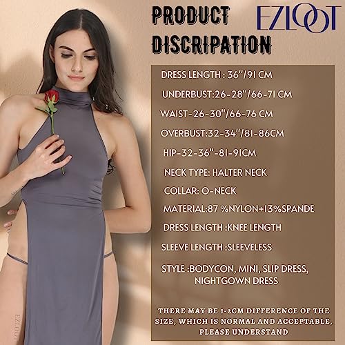 EZLOOT Women Bodycon Sexy Halter Neck with O-Ring Backless High Side Slit Maxi Nightgown Sleepwear Babydoll Lingerie Dress (Grey: Nylon), Small - Image 4