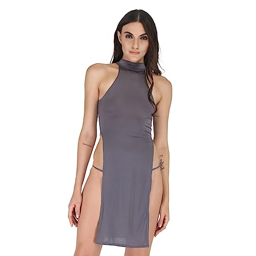 EZLOOT Women Bodycon Sexy Halter Neck with O-Ring Backless High Side Slit Maxi Nightgown Sleepwear Babydoll Lingerie Dress (Grey: Nylon), Small - Image 1