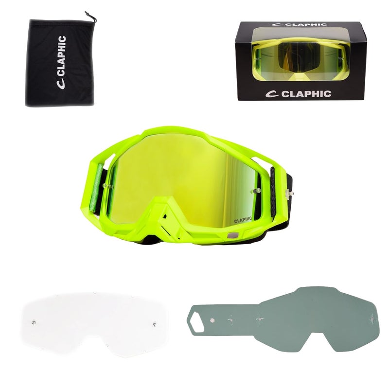 CLAPHIC نظارات موتوكروس CLAPHIC نيون فنج - مضادة للضباب، عدسة مزدوجة، حماية UV400، رؤية واسعة لنظارات موتوكروس على الطرق الوعرة للدراجات النارية، MX، ATV، MTB، إندورو، سباق (أخضر/أصفر فوسفوري) - Image 1