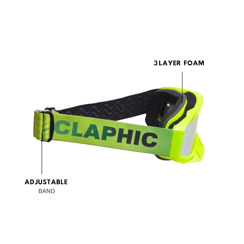 CLAPHIC نظارات موتوكروس CLAPHIC نيون فنج - مضادة للضباب، عدسة مزدوجة، حماية UV400، رؤية واسعة لنظارات موتوكروس على الطرق الوعرة للدراجات النارية، MX، ATV، MTB، إندورو، سباق (أخضر/أصفر فوسفوري) - Image 4