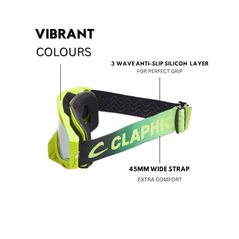 CLAPHIC نظارات موتوكروس CLAPHIC نيون فنج - مضادة للضباب، عدسة مزدوجة، حماية UV400، رؤية واسعة لنظارات موتوكروس على الطرق الوعرة للدراجات النارية، MX، ATV، MTB، إندورو، سباق (أخضر/أصفر فوسفوري) - Image 3