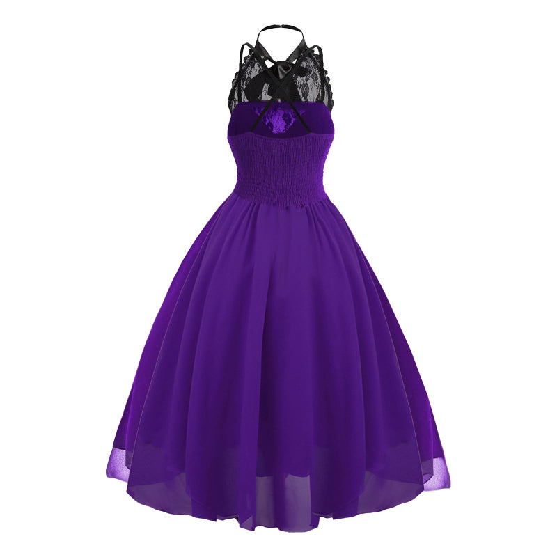 GOLDSTITCH Women's Sleeveless Gothic Lace Dress with Corset Halter Lace Swing Cocktail Dress purple medium - Image 3