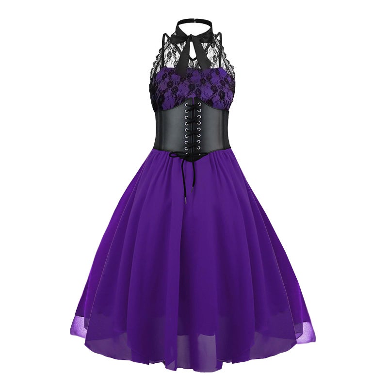 GOLDSTITCH Women's Sleeveless Gothic Lace Dress with Corset Halter Lace Swing Cocktail Dress purple medium - Image 1