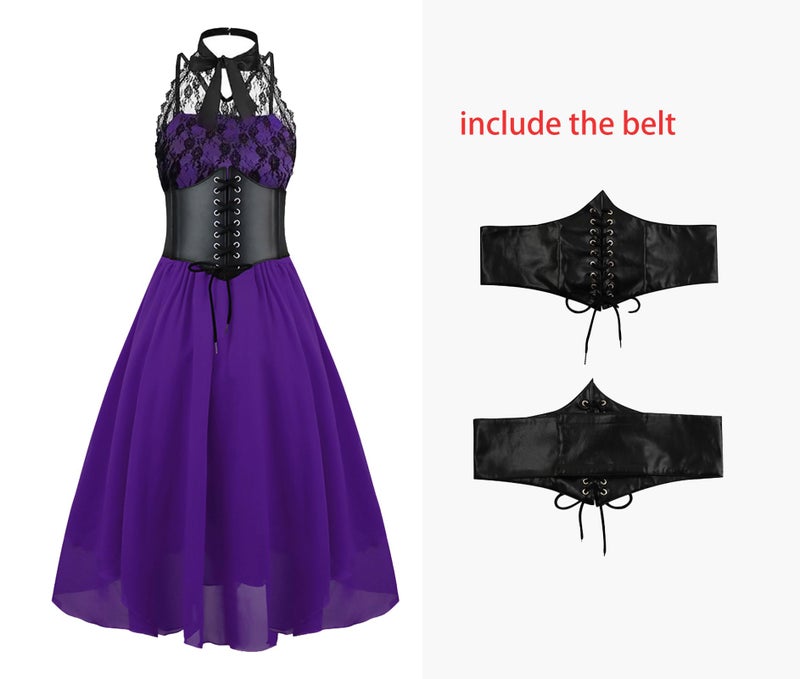 GOLDSTITCH Women's Sleeveless Gothic Lace Dress with Corset Halter Lace Swing Cocktail Dress purple medium - Image 4