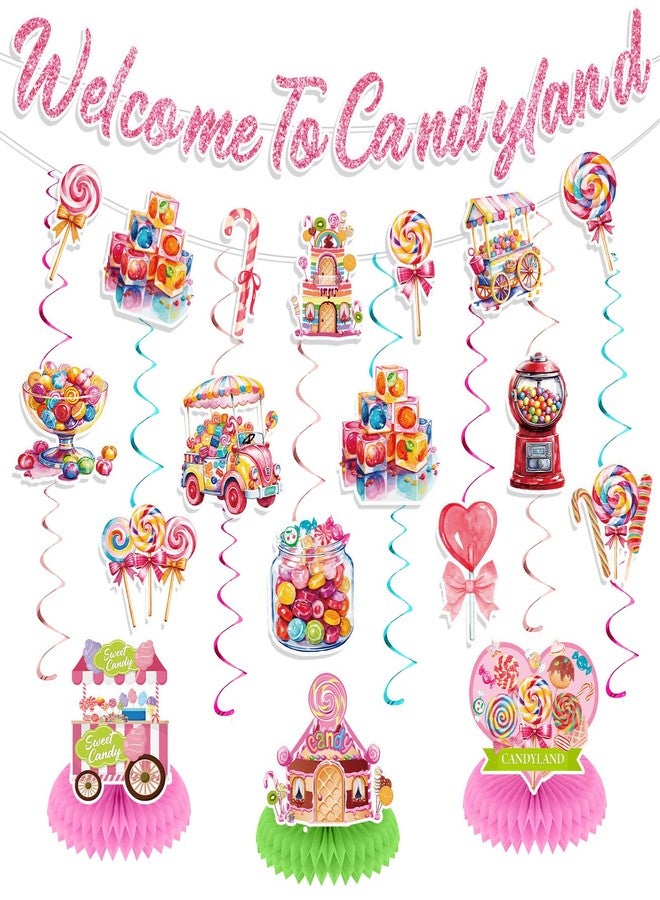 TagreSpike Sweet Candy Party Decorations Welcome to Candy World Banner Colorful Lollipop Hanging Swirls Honeycomb Decor Candys Themed Party Decorations for Sweet Candys Shop Baby Shower Birthday Supplies - Image 1
