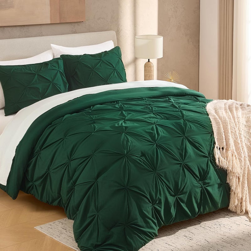 Andency Dark Emerald Green Comforter Set King104x90Inch 3 Pieces Pinch Pleat Bedding Comforters Sets Soft Microfiber Down Alternative Bed Set for Women Men