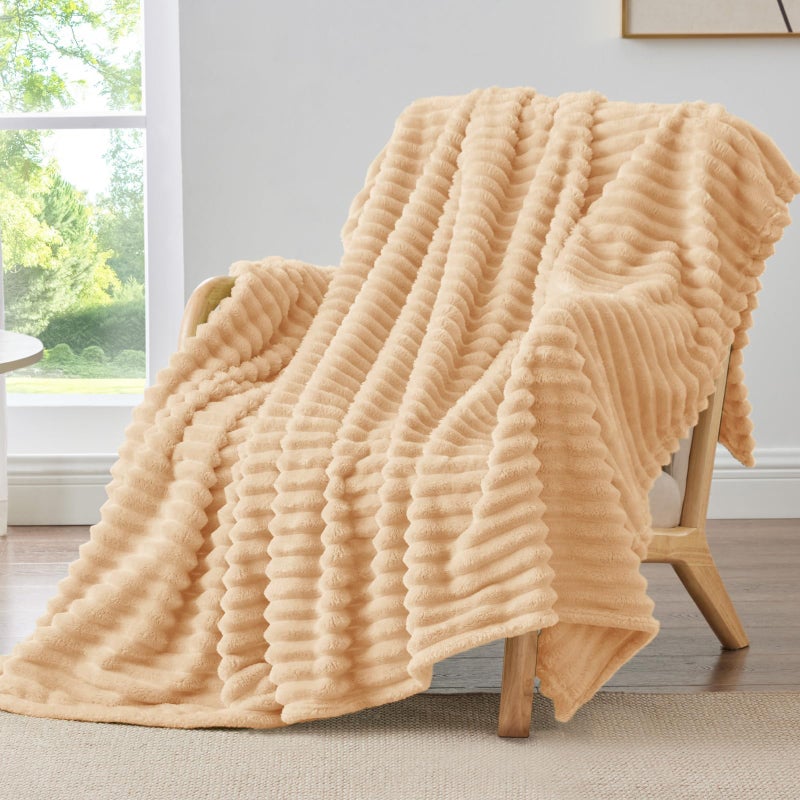 BEDELITE Fleece Throw Blanket for Couch - 300GSM Soft & Warm Fluffy Blush Sand Blanket, Decorative and Giftable Striped Blankets for Women, Men, 50"x60" - Image 1