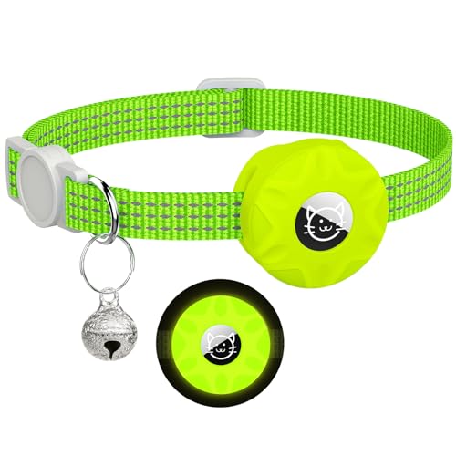 Hoeraonr AirTag Cat Collar, Reflective Kitten Collar Breakaway Apple Air Tag Cat Collar, GPS Cat Collar with AirTag Holder and Bell, Lightweight Tracker Cat Collars for Girl Boy Cats Kittens (Luminous Yellow) - Image 1