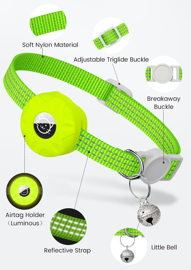 Hoeraonr AirTag Cat Collar, Reflective Kitten Collar Breakaway Apple Air Tag Cat Collar, GPS Cat Collar with AirTag Holder and Bell, Lightweight Tracker Cat Collars for Girl Boy Cats Kittens (Luminous Yellow) - Image 3