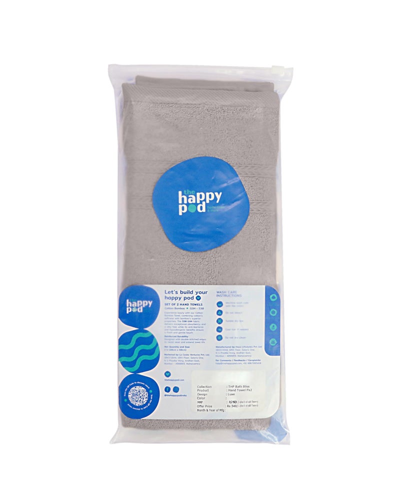 THE HAPPY POD Luxe Cotton Hand Towel - Pack of 2, Ultra Soft & Plush, Highly Absorbent, Quick Dry, Premium Towels for Bathroom, Spa & Everyday Use| 40 x 60 cm - 530 GSM | Grey | 70% Cotton, 30% Bamboo - Image 2
