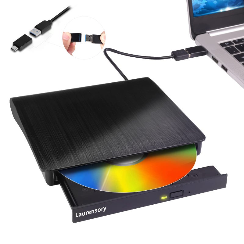 Laurensory External DVD Drive USB 3.0 Type-C Portable Player for Laptop CD/DVD +/-RW Disk Drive ROM Burner Writer Reader Compatible with Desktop Windows Linux OS Apple MacBook - Image 2