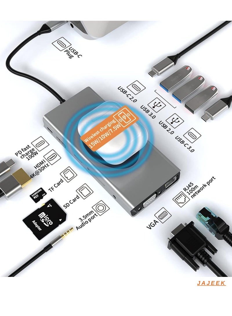 JAJEEK 13-in-1 USB C Docking Station with Wireless Charging, 4K HDMI, VGA, USB 3.0, USB C, Ethernet, SD/TF Card Reader – Ultimate Adapter for MacBook Pro, MacBook Air & Type-C Devices – Expand Your Connectivity - Image 2