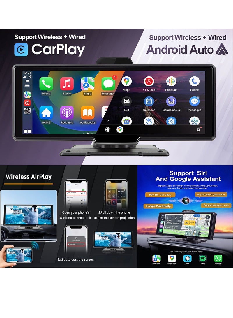 AROAQ Wireless Carplay Screen, 4k HD 10.26 Inch Car Smart Screen Wireless Carplay With Front And Rear Dual Recorders, Durable Android Auto Screen With Cam Recorder Loop Recording, (64G Memory Card) - Image 4