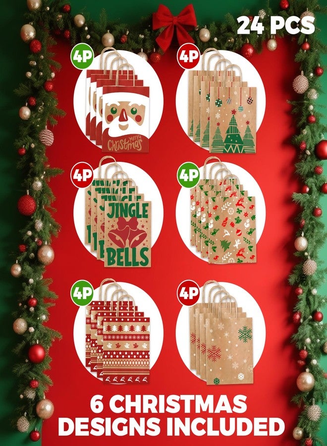 Sipthene 24 Pack Christmas Gift Bags with Handles, Kraft Paper Goody Treat Bags for Holiday Present Wrapping (6 Designs, 9" x 7" x 3.3") - for Xmas Party Favors, Classroom, Wedding Decor Supplies Bulk - Image 2