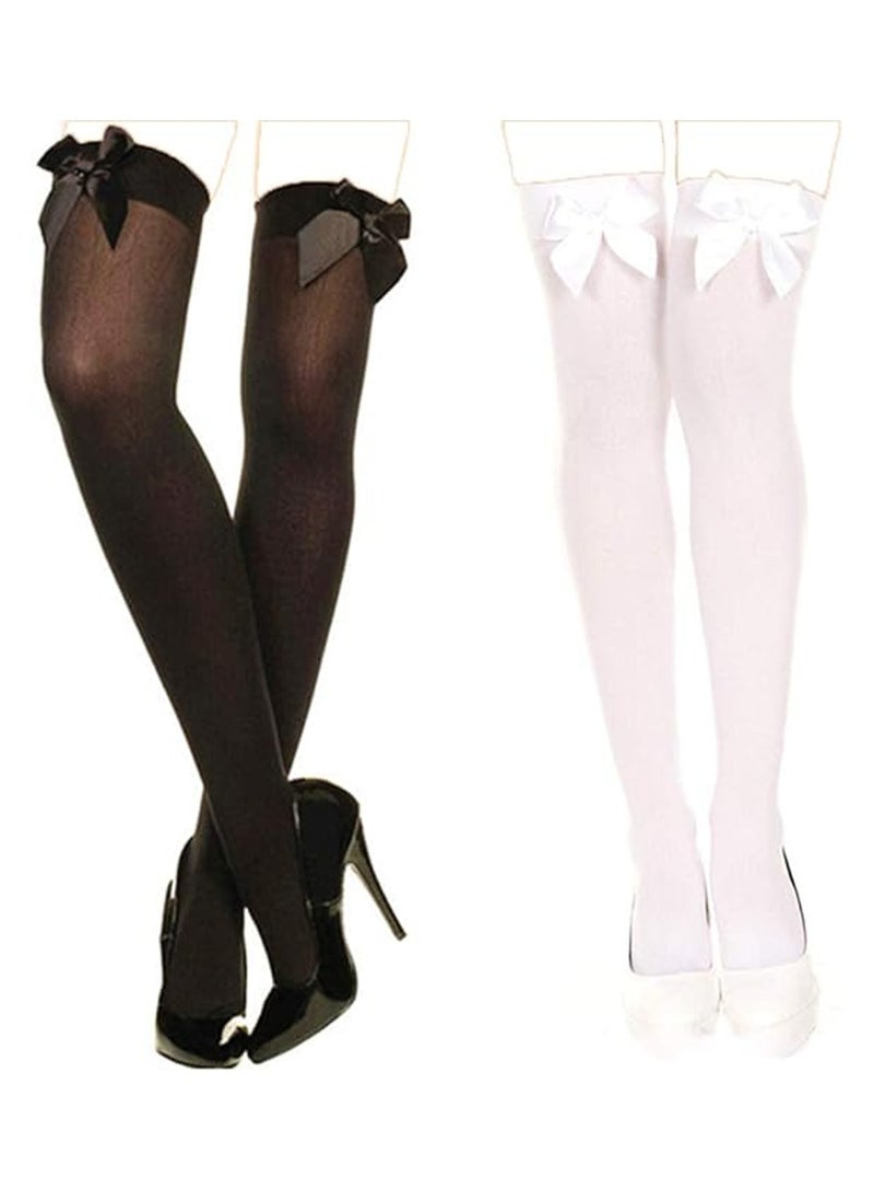 2 Pcs Knee High Stockings with Bows - 2 Pairs Womens Opaque Hold ups Stocking Ladies Black and White Thigh High Long Over Knee Length Socks with Bow Top Stockings One Size - Image 1